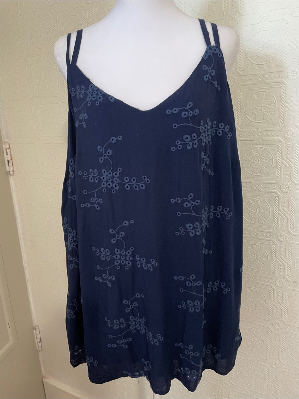 Maurices Navy Embroidered Double-Strap V-Neck Tank Top